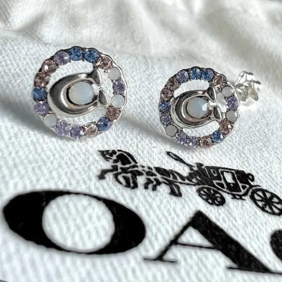 NEW COACH Signature Multicolor Crystal Stud Earrings In Silver / Blue - Picture 4 of 11